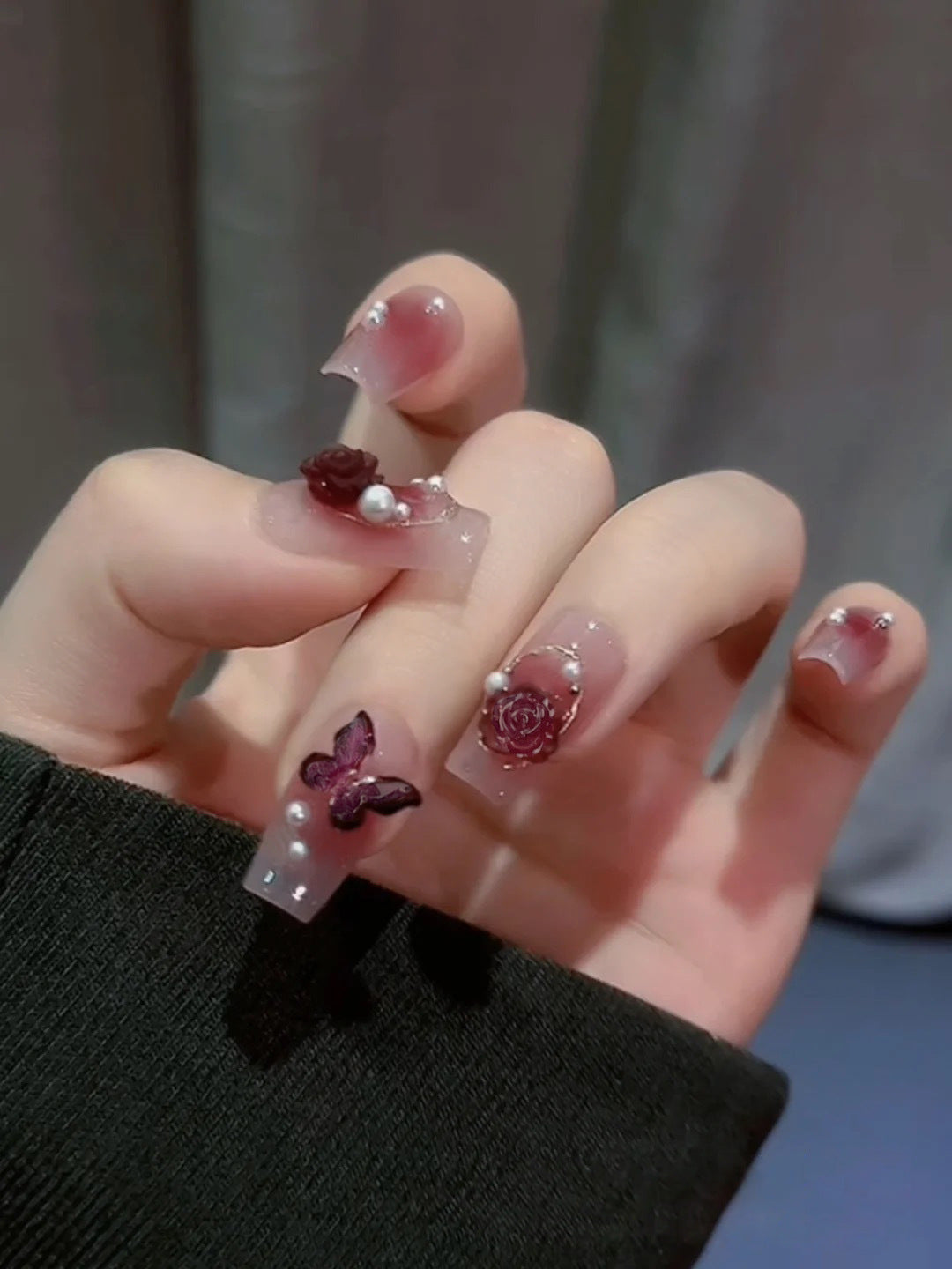 Fashion  nail Dark Rose Red Butterfly Wear Armor Nail Stickers Nail Sticker Nail Patch Finished Blush Nail Shaped Piece A5