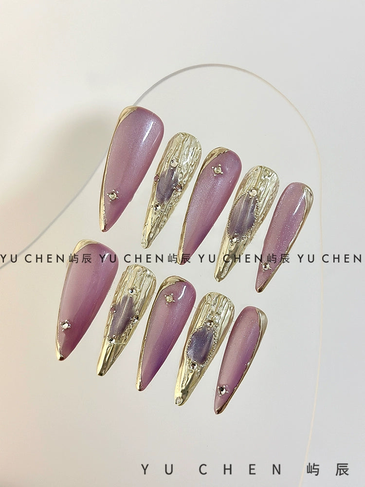 (Hand made nail) Original by Yuchen | Purple Buchirati Nail Wearing Nail Handmade Cat Eye Light Gold 3D Relief Heavy Industry