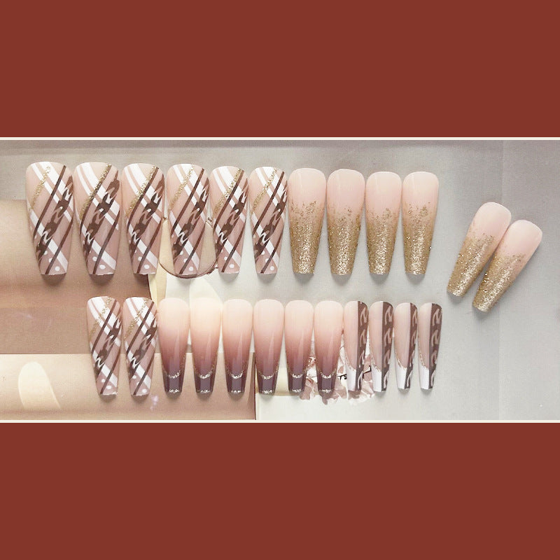 格纹渐变穿戴甲渐变nails 跨境美甲片外贸假指甲长梯甲型美甲贴片