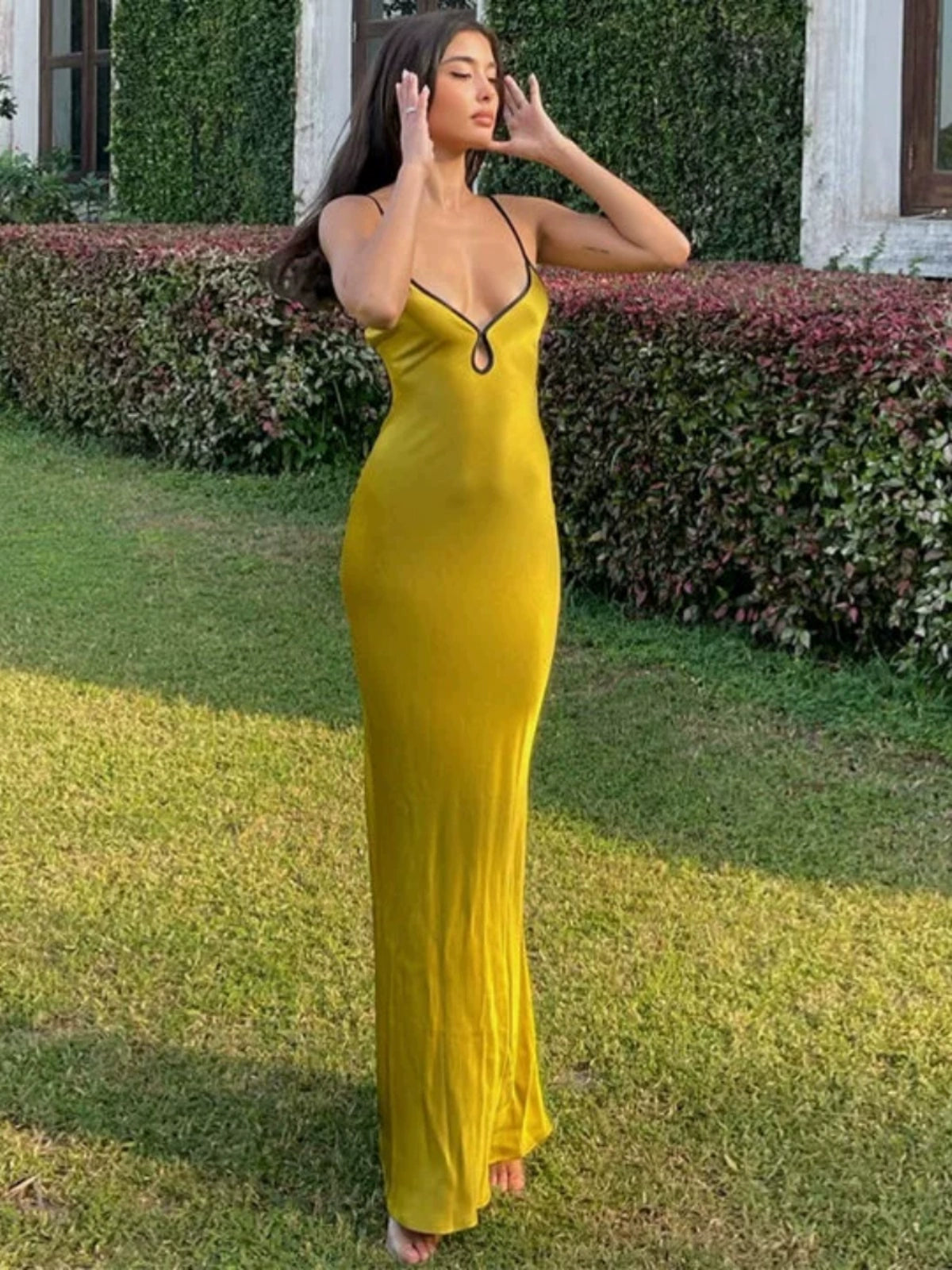 Fashion women's wear High-Grade Solid Color Satin Sling Dress Special-Interest Design French Style Temperament Hot Girl Seaside Vacation Slim Fit Long Dress