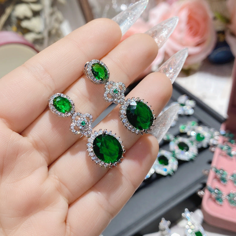 山茶轻奢重工仿祖母绿花朵耳环 镀金绿玛瑙蝴蝶耳坠彩宝直播货源
