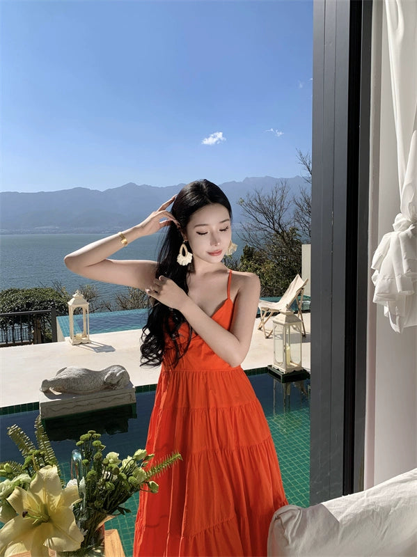 Fashion women's wear Yunnan Travel Photography Fairy Dress Orange Deep V-neck Backless Sling Dress Sanya Seaside Beach Skirt Female