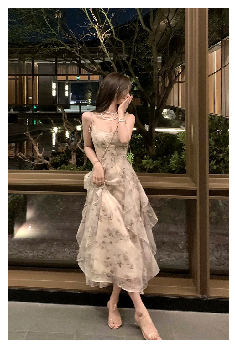 Fashion women's wear Phantom Fairy Ink Blue and White Suspender Dress Sanya Holiday Beach Skirt Irregular Ruffled Floral Dress