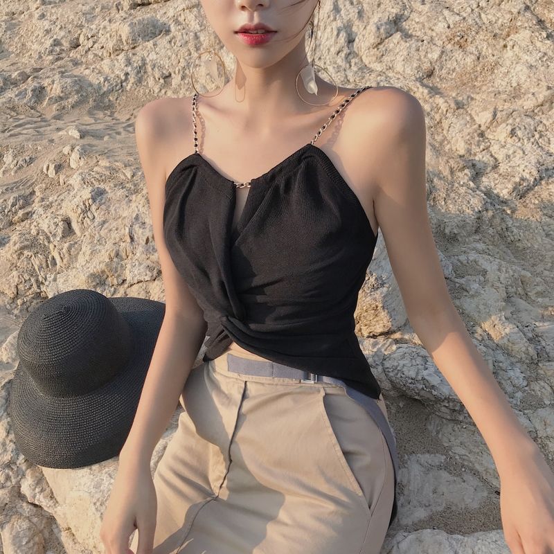 Free shipping  sexy high waist short open button top versatile metal chain tube top bottoming shirt tops