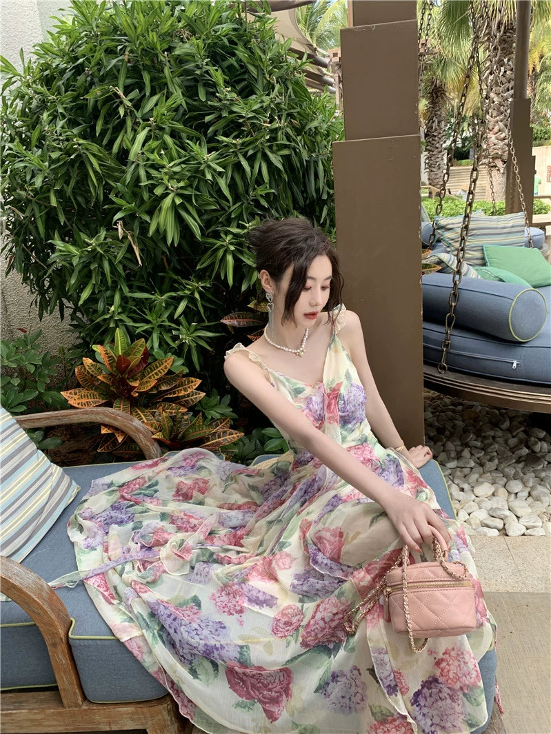 Fashion women's wear French Sweet Gentle Spaghetti-Strap Ruffle Floral Dress Women's Summer Vacation Fairy Large Swing Suspender Dress