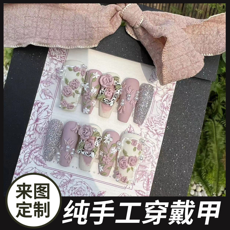 Hand-Made Nail Beauty Flower Three-Dimensional Sweet Fresh Temperament Korean Style Baby Pink Ice Cream Rose Hand-Painted