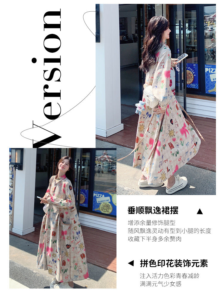 Dopamine dress Free shipping Tattoo Design sense niche printing graffiti dopamine printing polo collar long dress spring and autumn new Korean version loose dress
