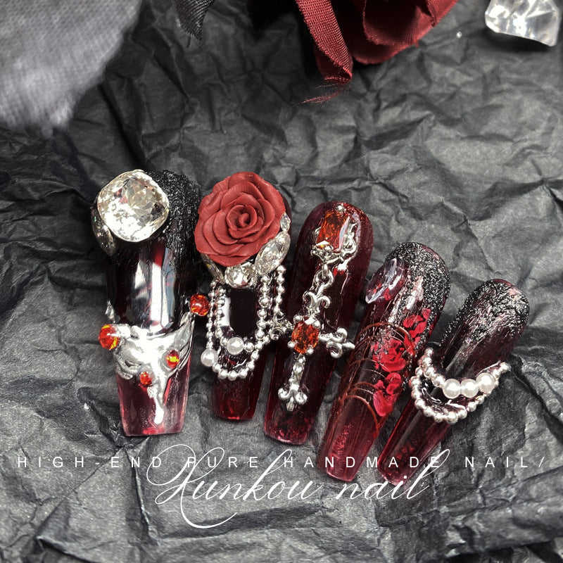 (Hand-Made Nail) Pure Hand-Wear Nail Manicure Dark Blooming Red Rose Flash Drilling Detachable Heavy Hand-Painted