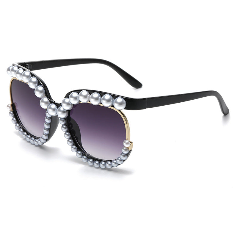 Women's fashion glasses 欧美跨境2023新款镶珍珠无框太阳镜女时尚个性夸张影楼拍照墨镜