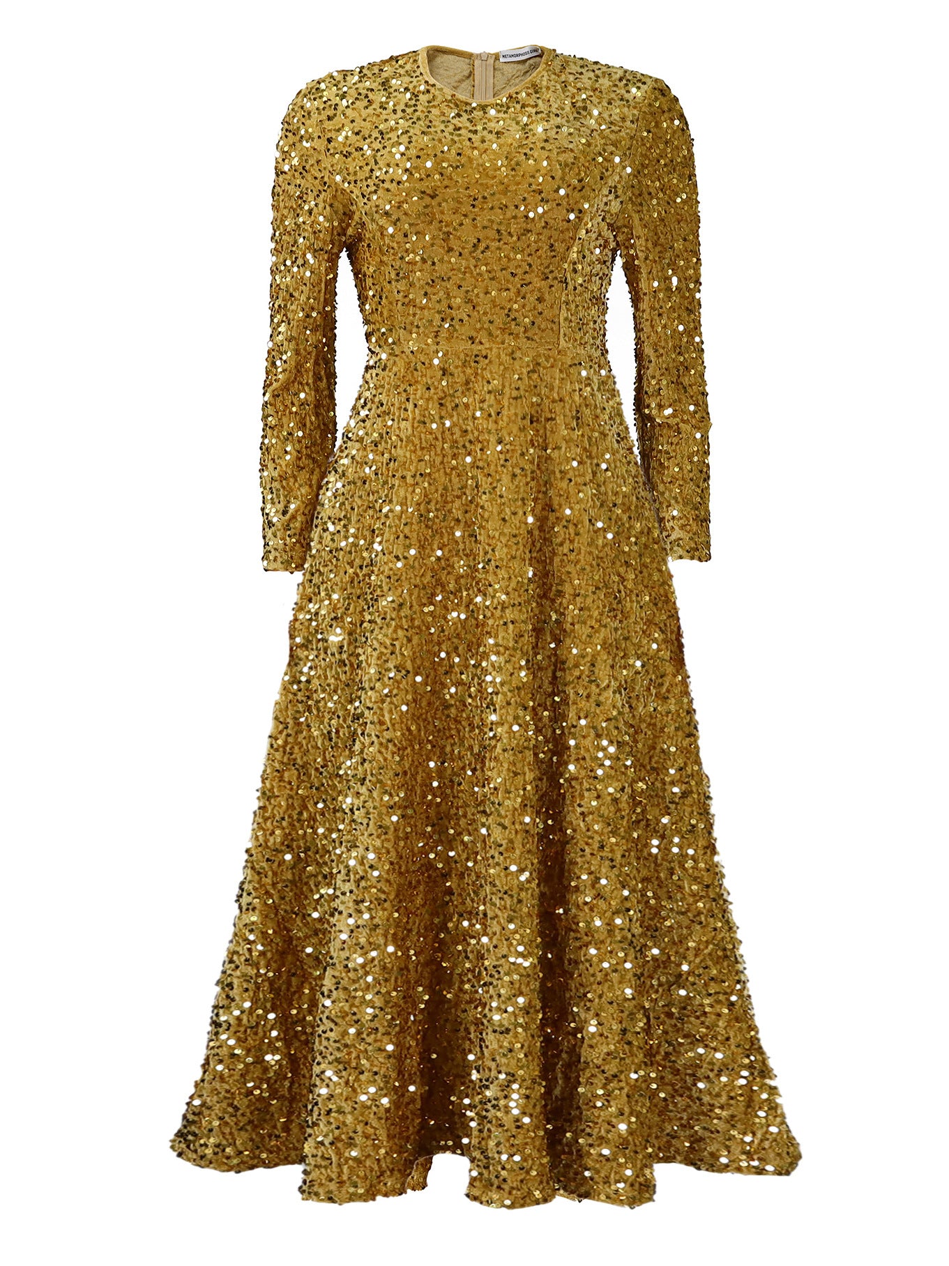 Fashion women's wear D469 Cross-Border New Arrival Women's round Neck Long Sleeve Pure Color Sequins High Waist Temperament Mid-Length Formal Dress European and American Style Dress