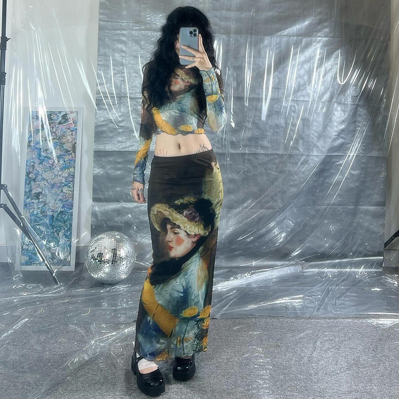 Fashion women's wear Q23tp663 American Fashion Girl Print Design Transparent Long Sleeves Cropped Top Long Skirt Women's Suit