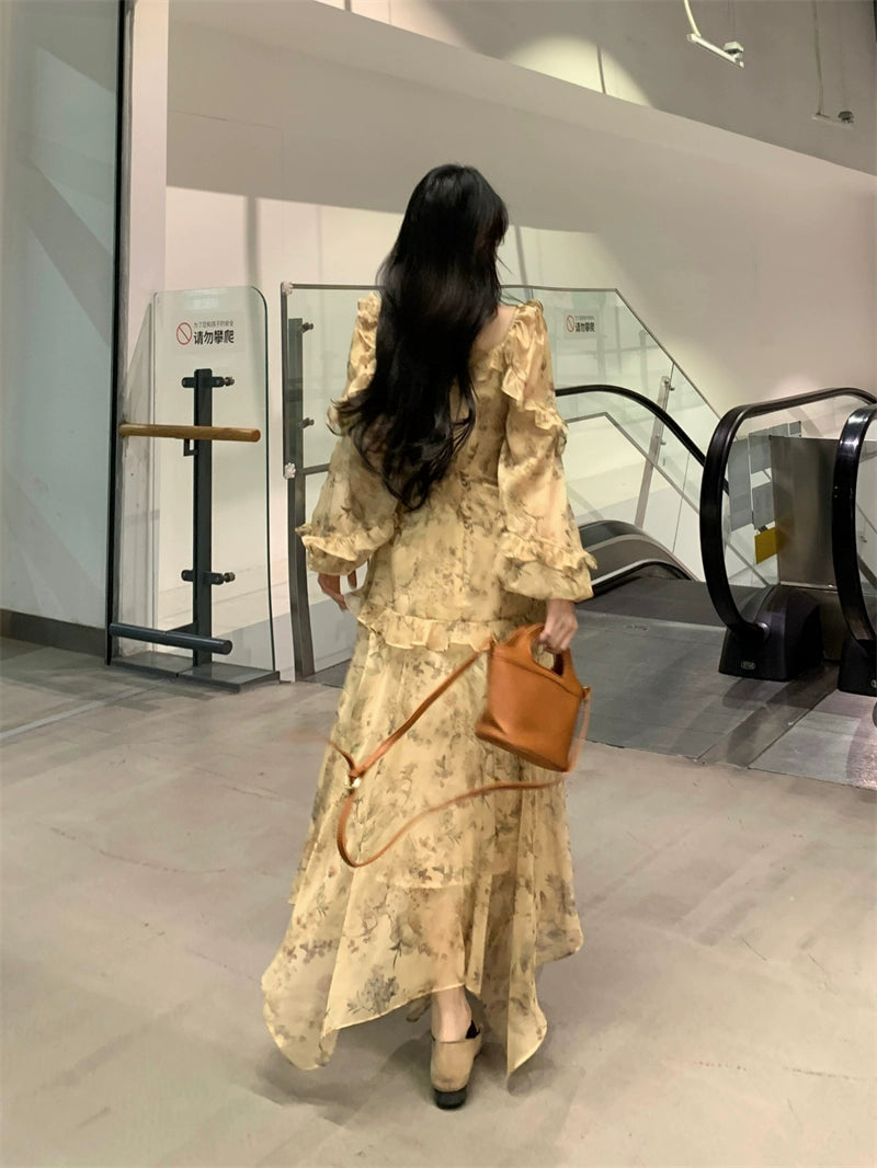 Fashion women's wear French Style Beautiful Yellow Floral Dress Spring plus Size Plump Girls Slimming Fairy Long Dress Style Skirt