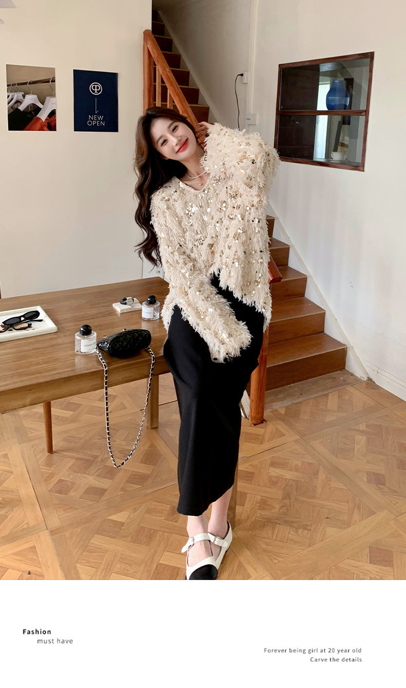 Fashion women's wear Real Shot Shiny Annual Meeting Festival Atmosphere Handmade Sequined Feather V-neck Sweater Spring Inner Wear Sweet Dress