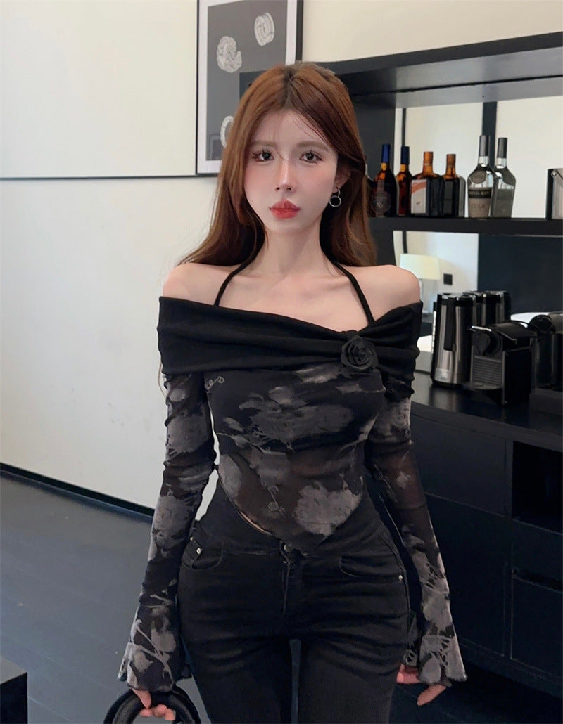 Dopamine tops Free shipping Tattoo Sweet and cool babes shoulder print T-shirt women's early autumn chic slim short long-sleeved mesh black neck top