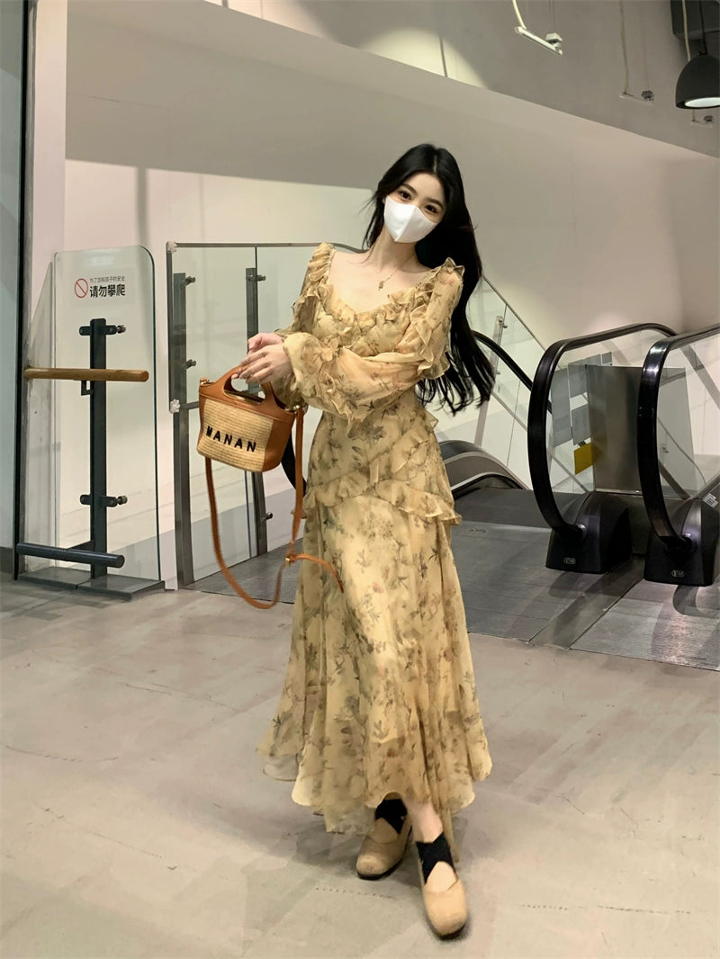 Fashion women's wear French Style Beautiful Yellow Floral Dress Spring plus Size Plump Girls Slimming Fairy Long Dress Style Skirt