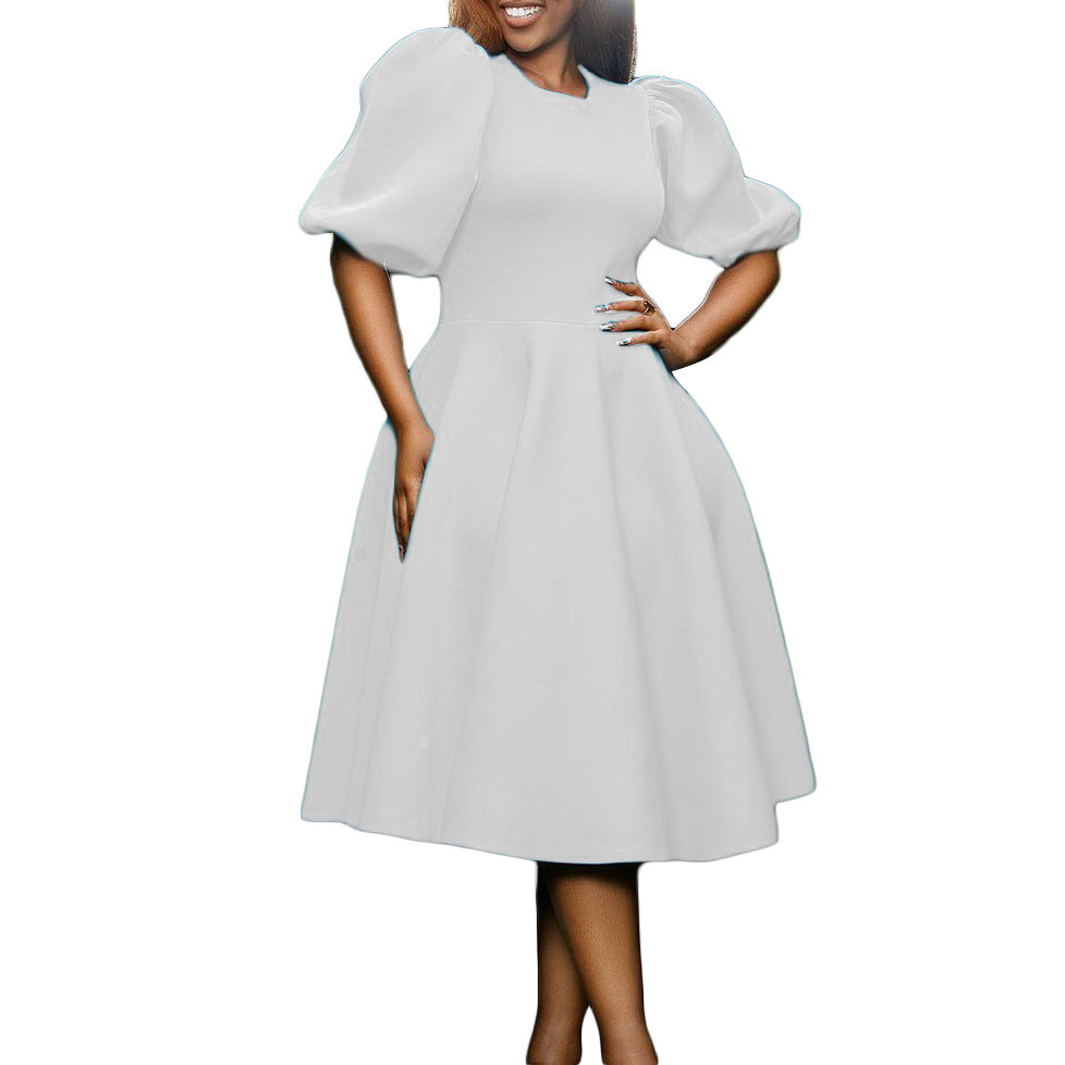 Fashion women's wear Cross-Border European and American Amazon Summer round Neck Graceful Puff Sleeve Waist-Controlled Large Hem Elegant A- line Foreign Trade Dress