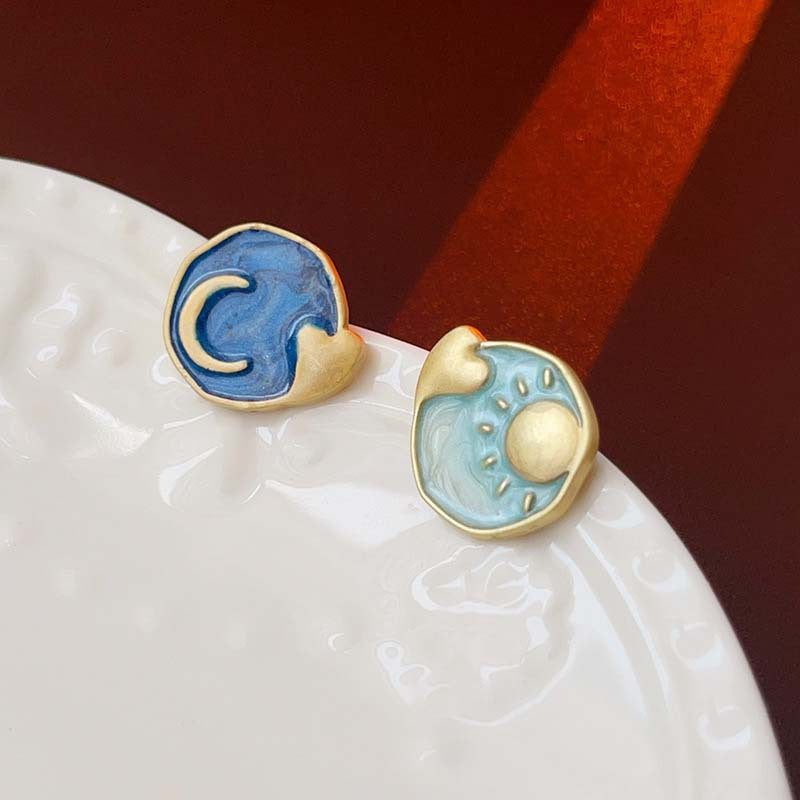 中古vintage耳环 925银针滴油花朵几何耳钉法式复古时尚气质耳饰