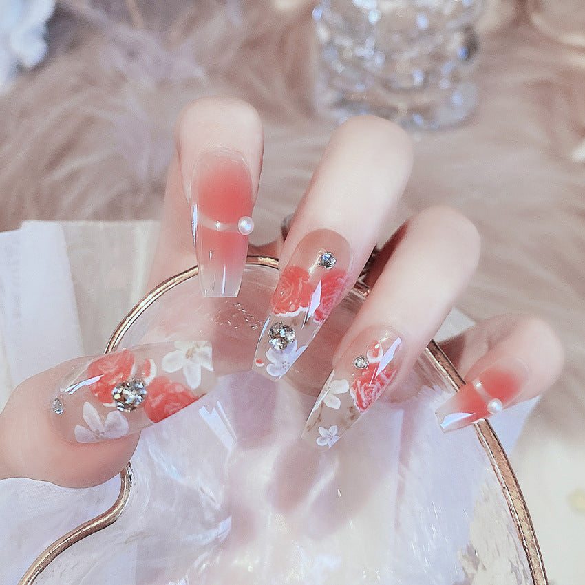 Fashion  nail New Rendering Flower Long Finished Nail Beauty Wearable Fake Nails Removable Nail Tip Wearable Armor X76