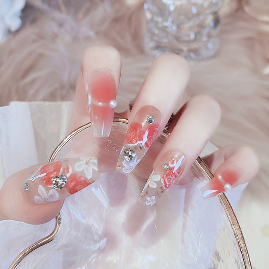 Fashion  nail New Rendering Flower Long Finished Nail Beauty Wearable Fake Nails Removable Nail Tip Wearable Armor X76