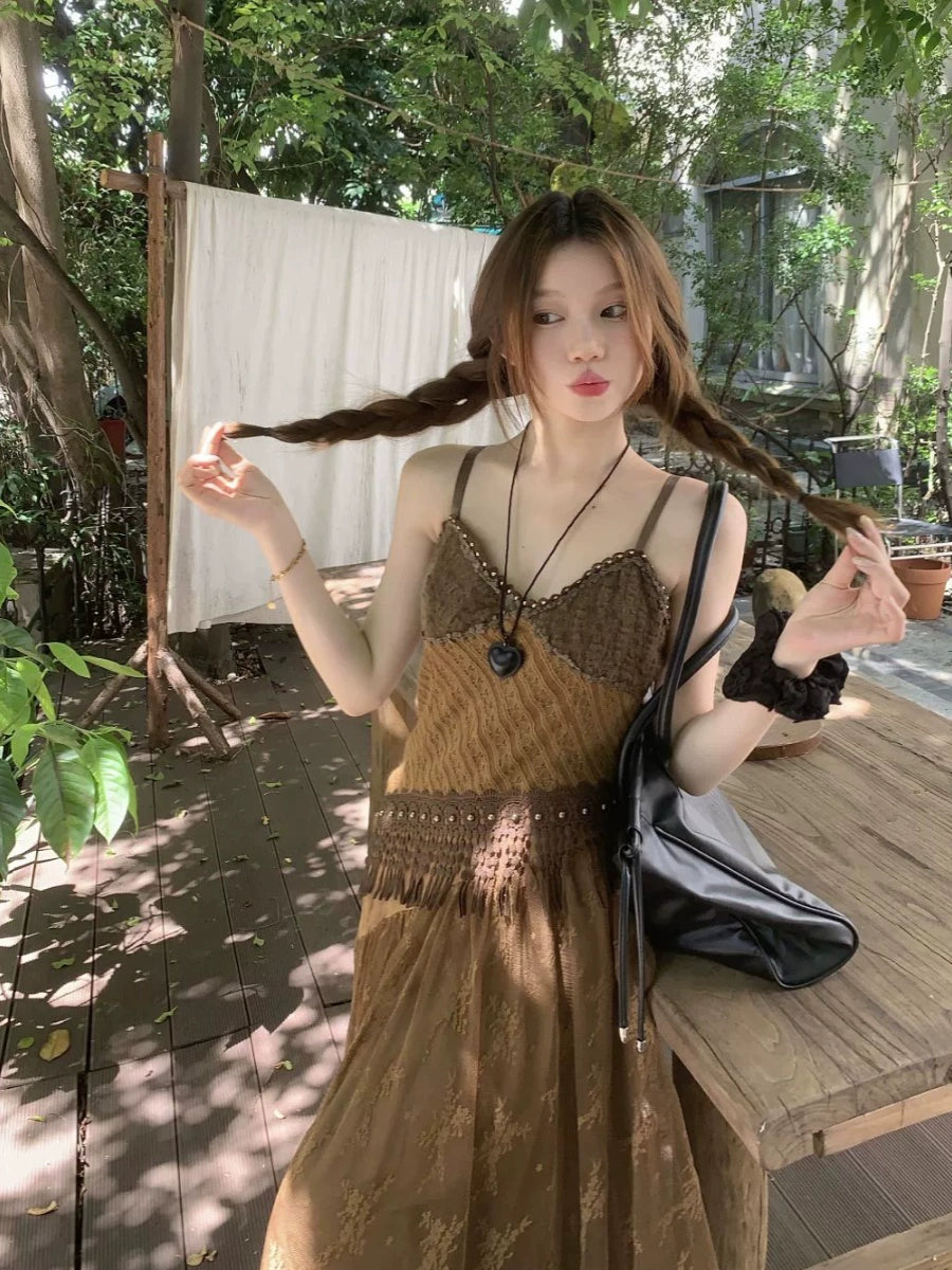 Fashion women's wear New Chinese Retro Heavy Industry Color Matching Sling Dress Female Spring 2024 New Holiday Slimming Elegant Long Dress