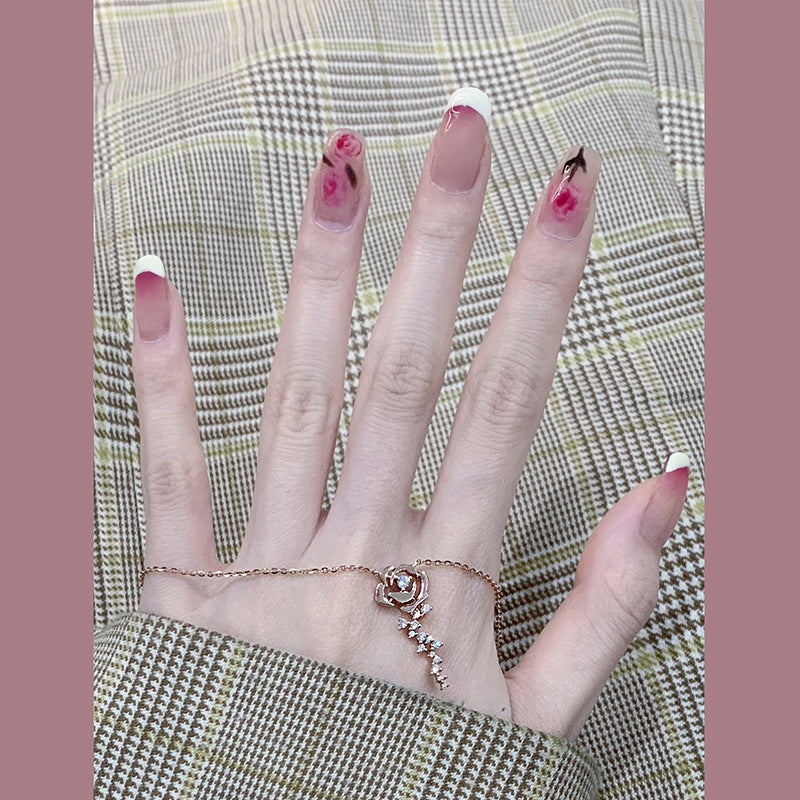 玫瑰少女水墨晕染春夏穿戴甲指甲贴片美甲片假指甲美甲贴成品甲片