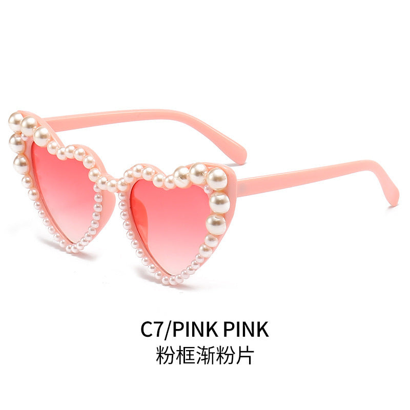 Women's fashion glasses 欧美潮流舞会ins爱心镶珍珠墨镜女沙滩桃心太阳镜时尚拍照眼镜