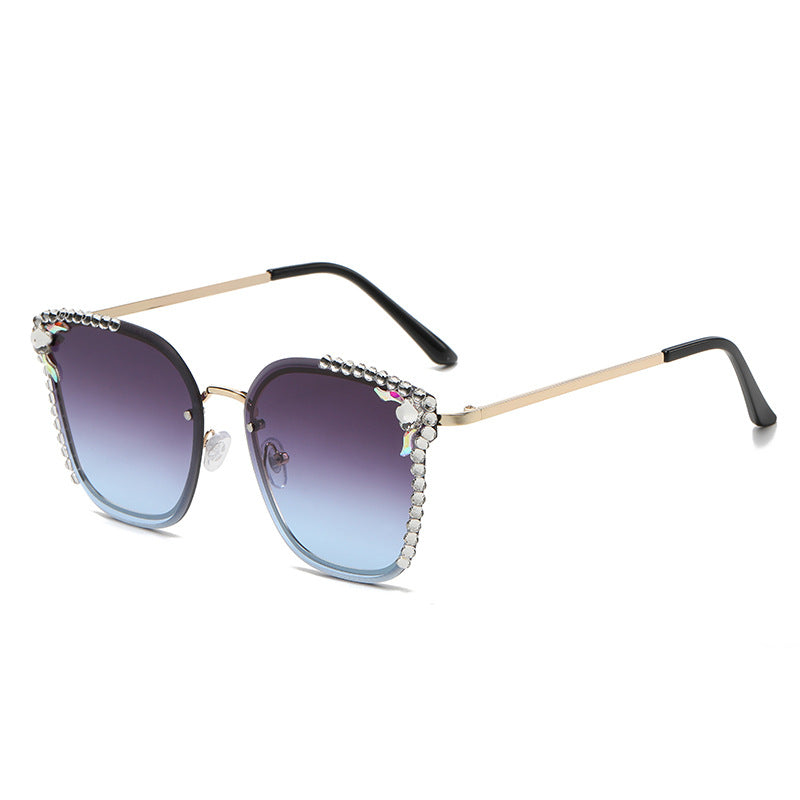 Women's fashion glasses 2023欧美猫眼镶钻摩登太阳镜金属半框时尚凹造型墨镜女士开车眼镜