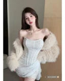 Fashion women's wear Dress Women's American Hot Girl Style Refined Handmade Lace Crocheted Strapless Dress Winter New Fashionable Ribbon Hip Skirt