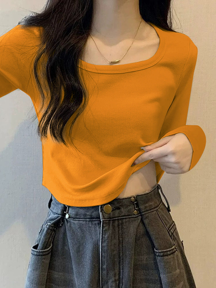 Dopamine tops Free shipping Tattoo Dopamine Wear Pumpkin Orange Shoulder Long Sleeve T-Shirt Women's Early Autumn Spice Girl Slim Short Square Neck Bottom Shirt Top