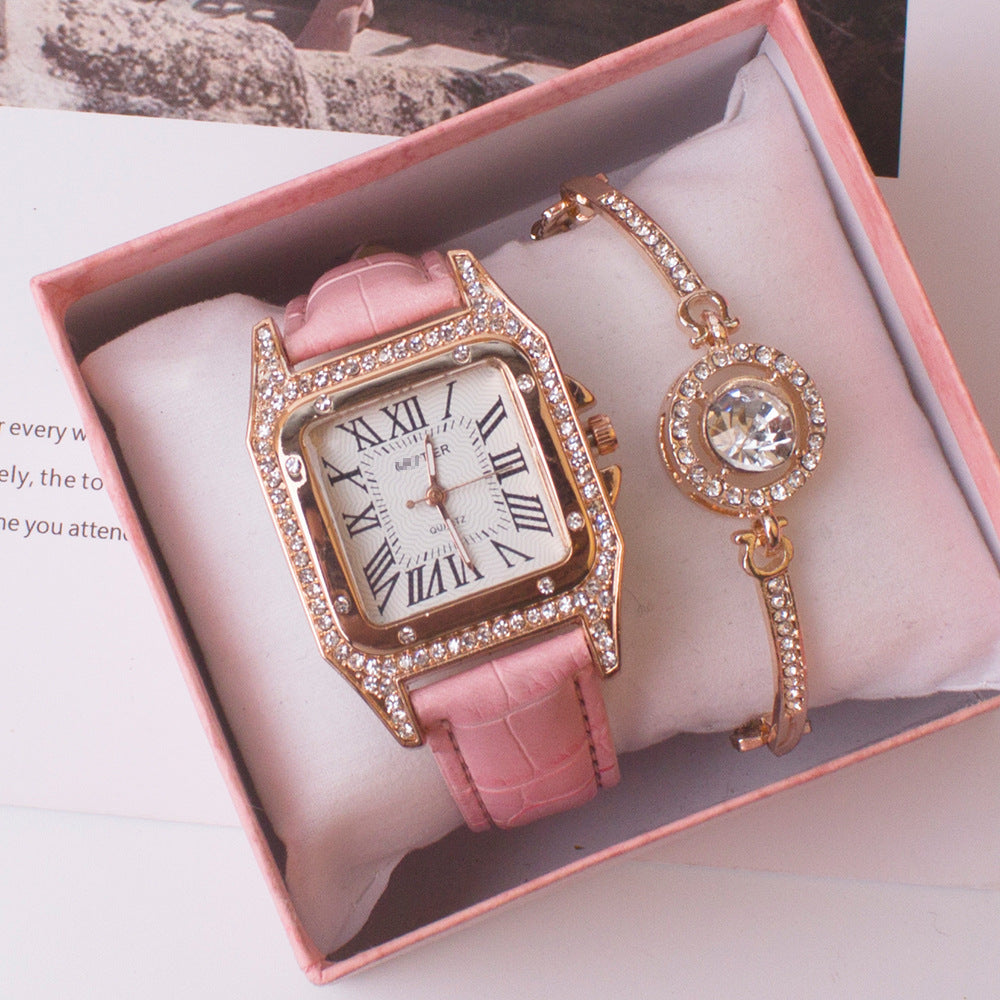 Fashion women's watchWeChat Hot-Selling Square Watch Cross-Border Foreign Trade Rhinestone Women's Roman Two-Piece Set Gift Casual Quartz Women's Watch
