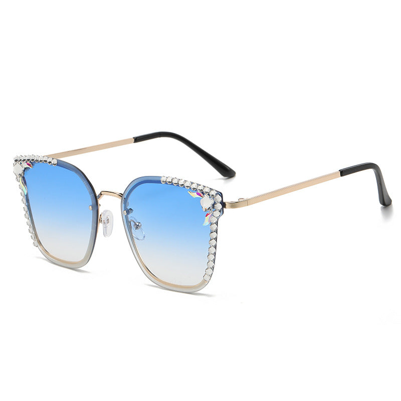 Women's fashion glasses 2023欧美猫眼镶钻摩登太阳镜金属半框时尚凹造型墨镜女士开车眼镜