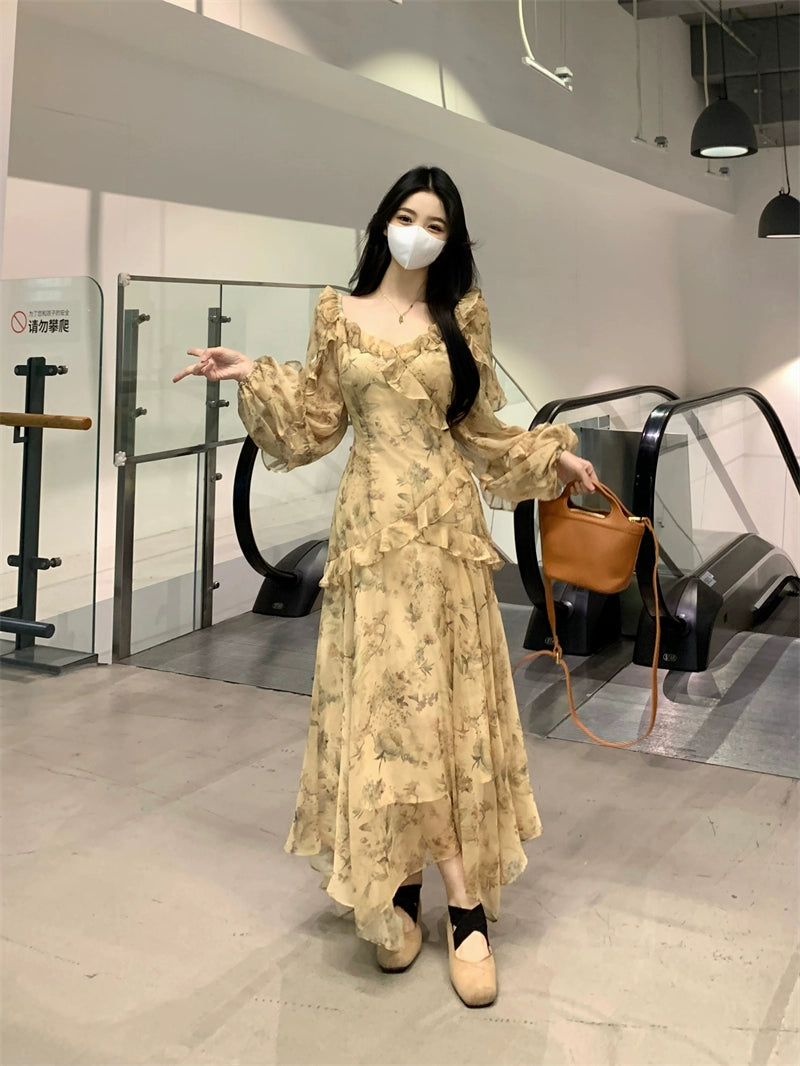 Fashion women's wear French Style Beautiful Yellow Floral Dress Spring plus Size Plump Girls Slimming Fairy Long Dress Style Skirt