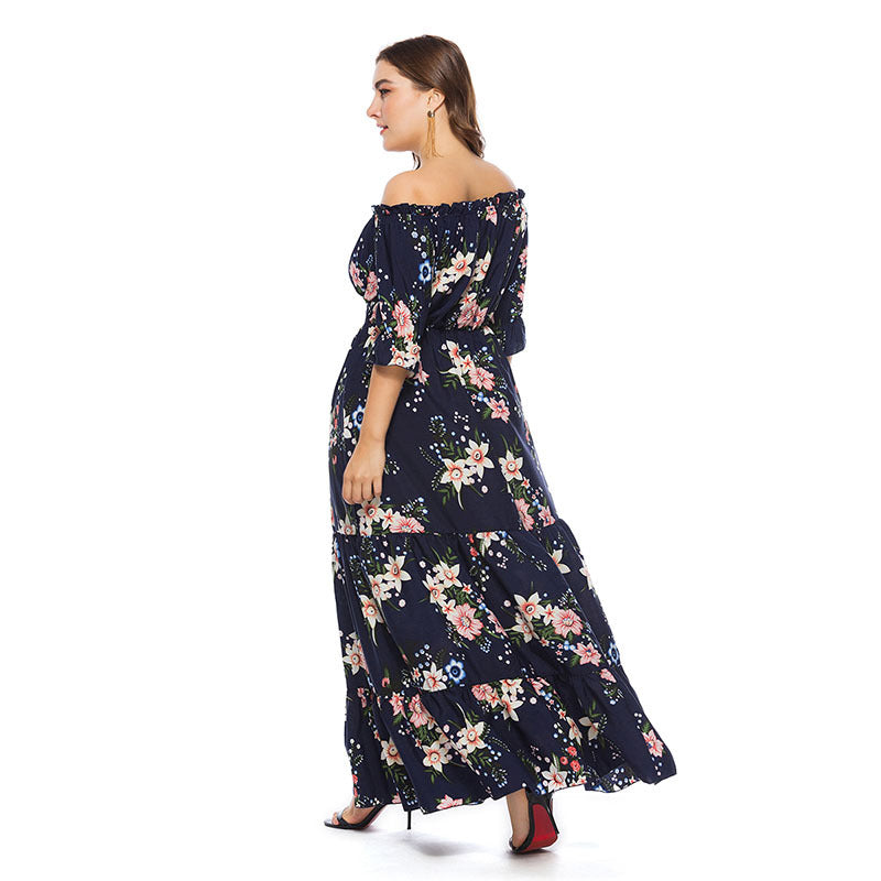 Fashion women's wear 2024   plus Size Women's Clothes Summer Popular off-Neck Plump Girls Bohemian Beach Dress Sq0095b