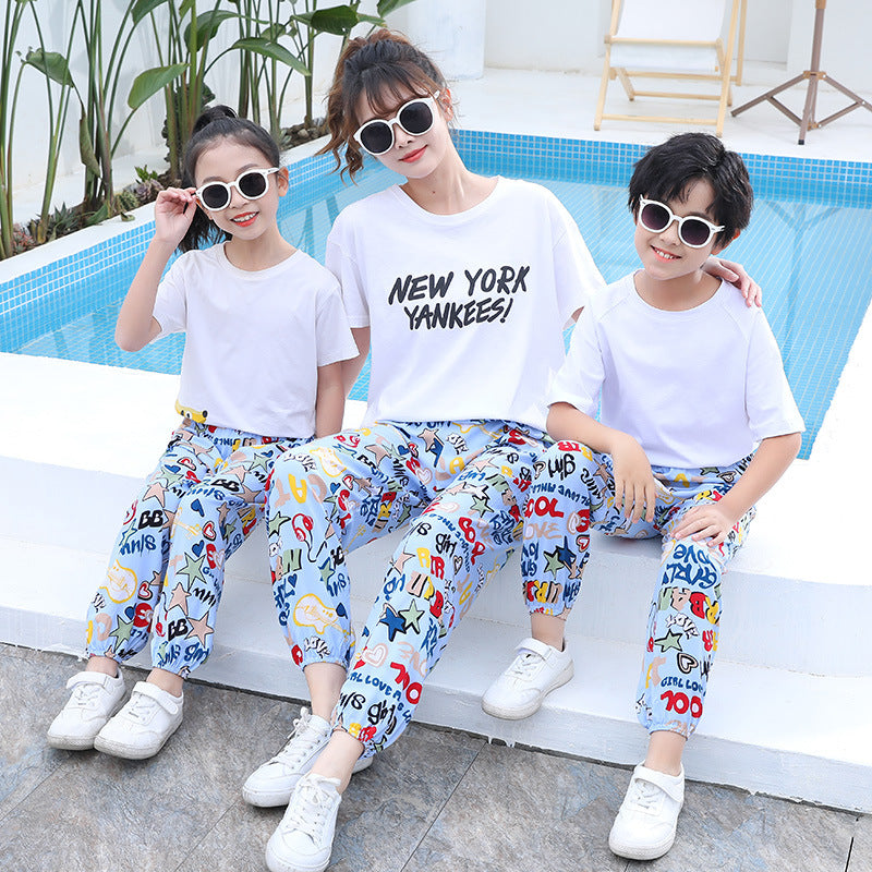 Free shipping   Summer women's mosquito pants made of cotton Thin bloomers for boys and girls Family pants Middle and small children Pajama pants