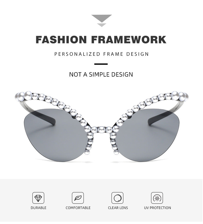 Women's fashion glasses 2023欧美异形框蜻蜓镶钻墨镜潮流水晶珍珠太阳眼镜户外防晒显瘦女