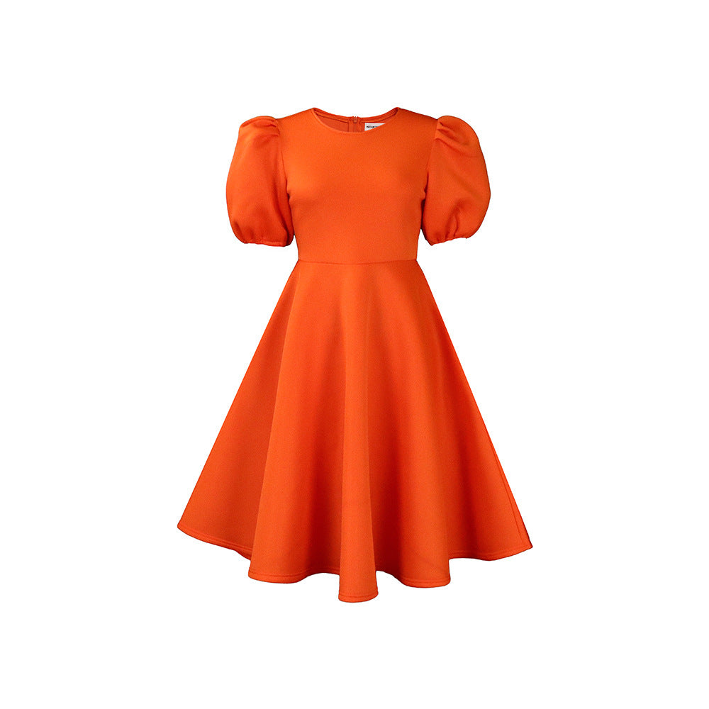Fashion women's wear Cross-Border European and American Amazon Summer round Neck Graceful Puff Sleeve Waist-Controlled Large Hem Elegant A- line Foreign Trade Dress