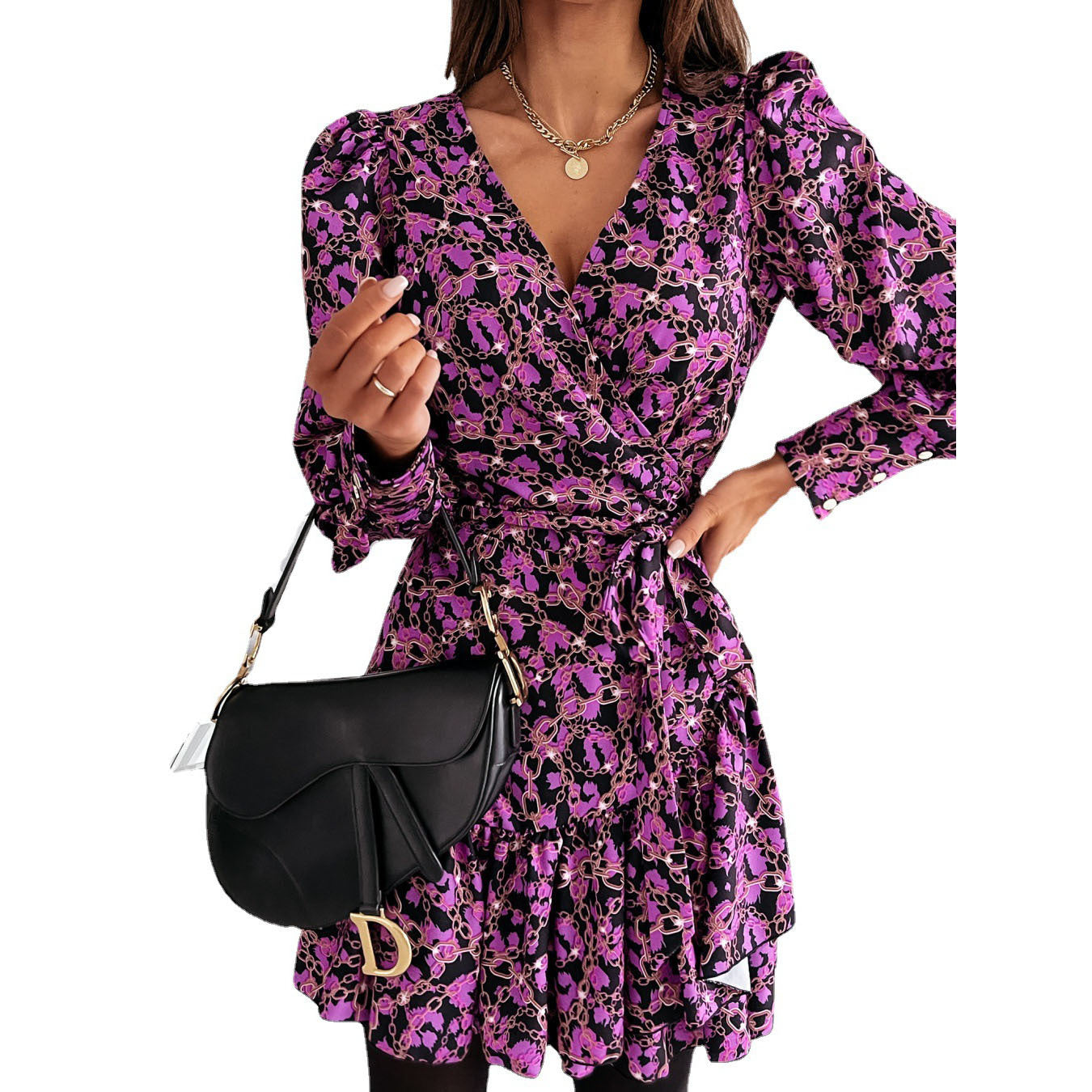 Fashion women's wear Amazon Hot Foreign Trade Women's Clothing Cross-Border European and American Station Spring and Autumn Print V-neck Waist-Controlled Long Sleeves Dress