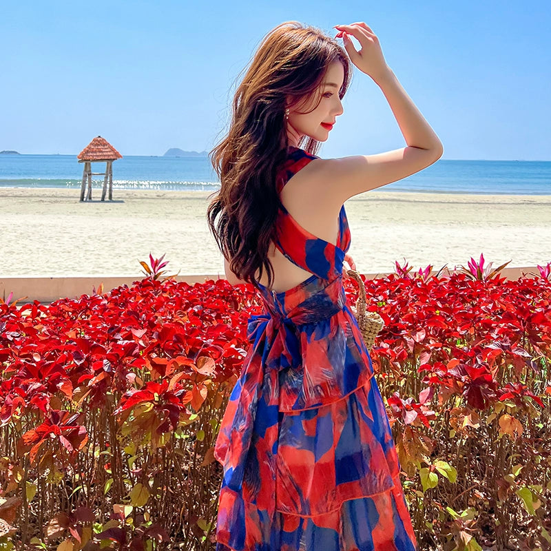 Fashion women's wear Chiffon Sling Dress Women's Summer Waist Slimming Sanya Travel Seaside Vacation Beach Dress Super Fairy Backless