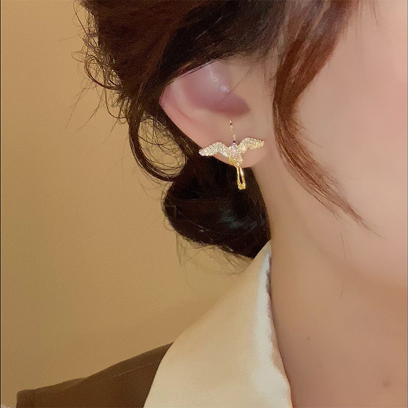 真金电镀银针锆石仙鹤耳环ins小众设计感耳钉时尚百搭耳饰批发女
