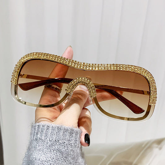 Women's fashion glasses 跨境新款镶钻太阳眼镜酷炫连体金属边朋克墨镜男欧美个性女搞怪