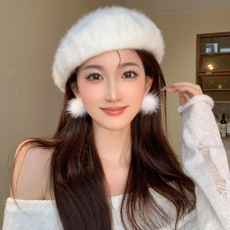 银针秋冬白色毛绒球球耳环小众设计温柔气质耳钉女高级感耳饰批发