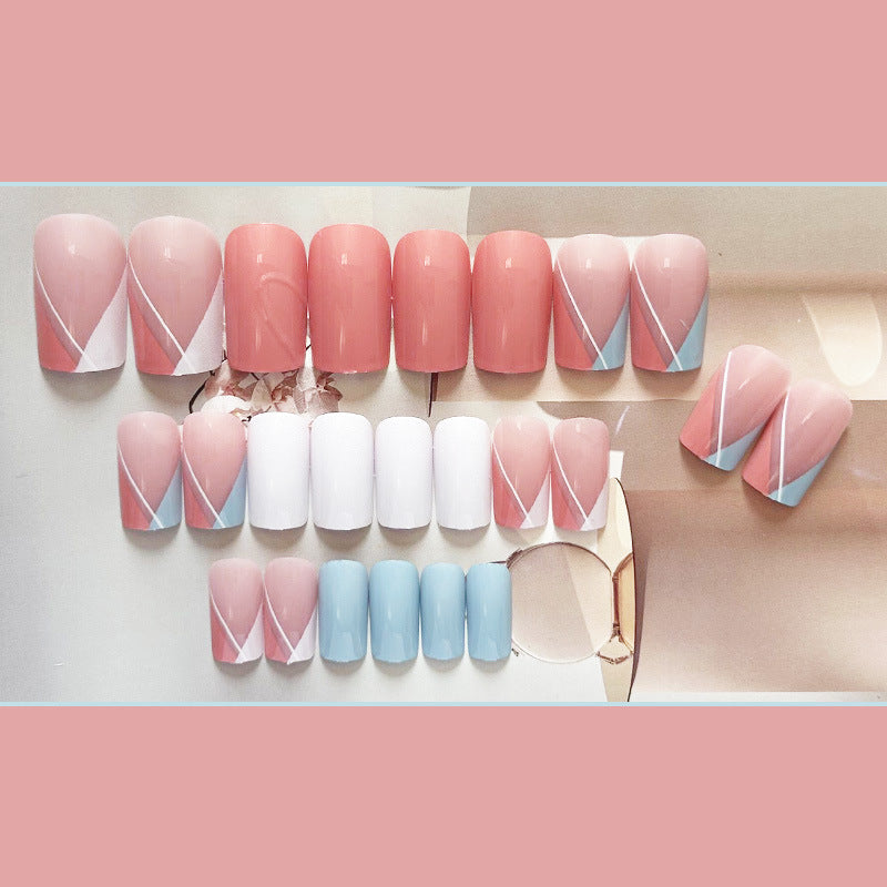 裸色几何穿戴甲长方nails 线条跨境美甲片外贸假指甲长甲美甲贴片