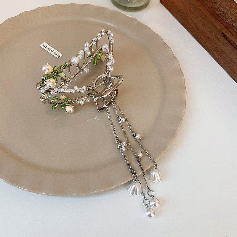 红色植绒花朵流苏发夹2023新款高级感抓夹甜美百搭头饰发饰批发女