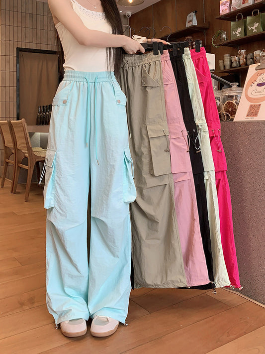 Dopamine pants Free shipping Tattoo Dopamine blue overalls women's summer American drawstring elastic waist casual pants sports tied feet wide-leg trousers