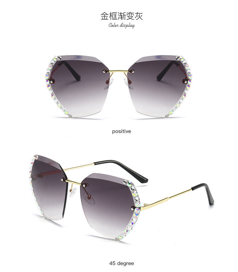 Women's fashion glasses 新款墨镜女韩版潮无框水晶切边太阳眼镜女士防紫外线镶钻太阳镜