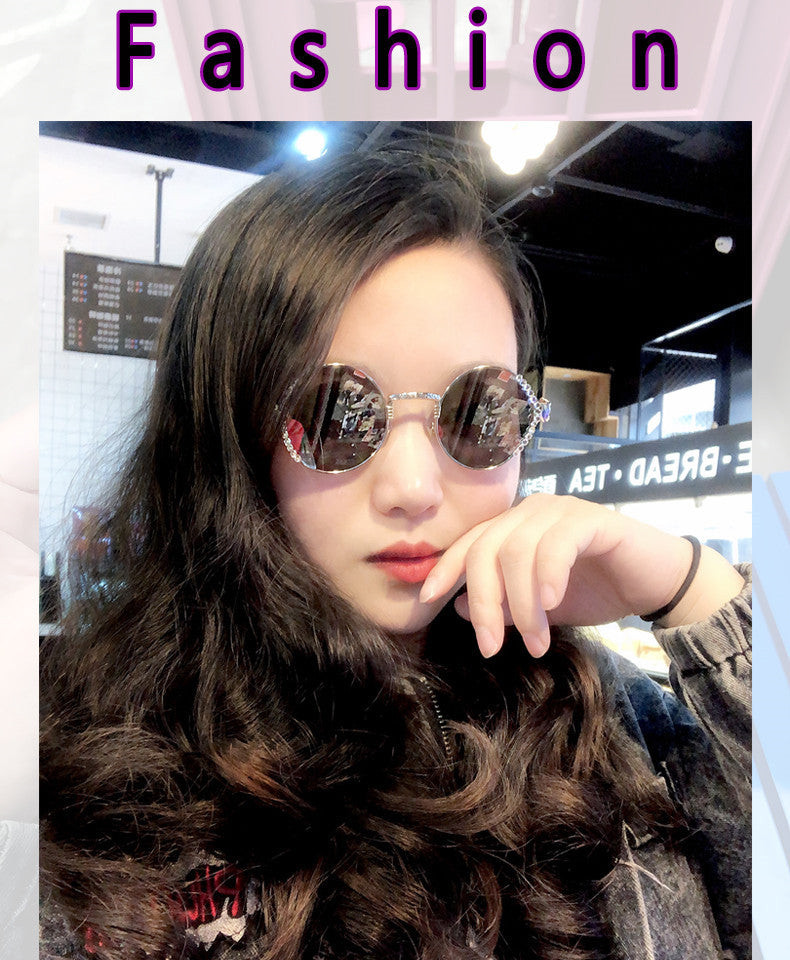 Women's fashion glasses 跨境款水钻复古圆形墨镜女小脸款港味太阳镜防紫外线素颜神器眼镜