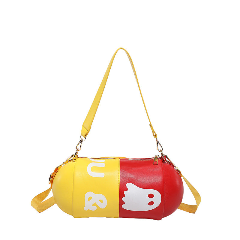 Dopamine Bag Free shipping Tattoo Women's bag new dopamine contrasting color trend cylindrical capsule bag European and American style personality funny single shoulder oblique span bag