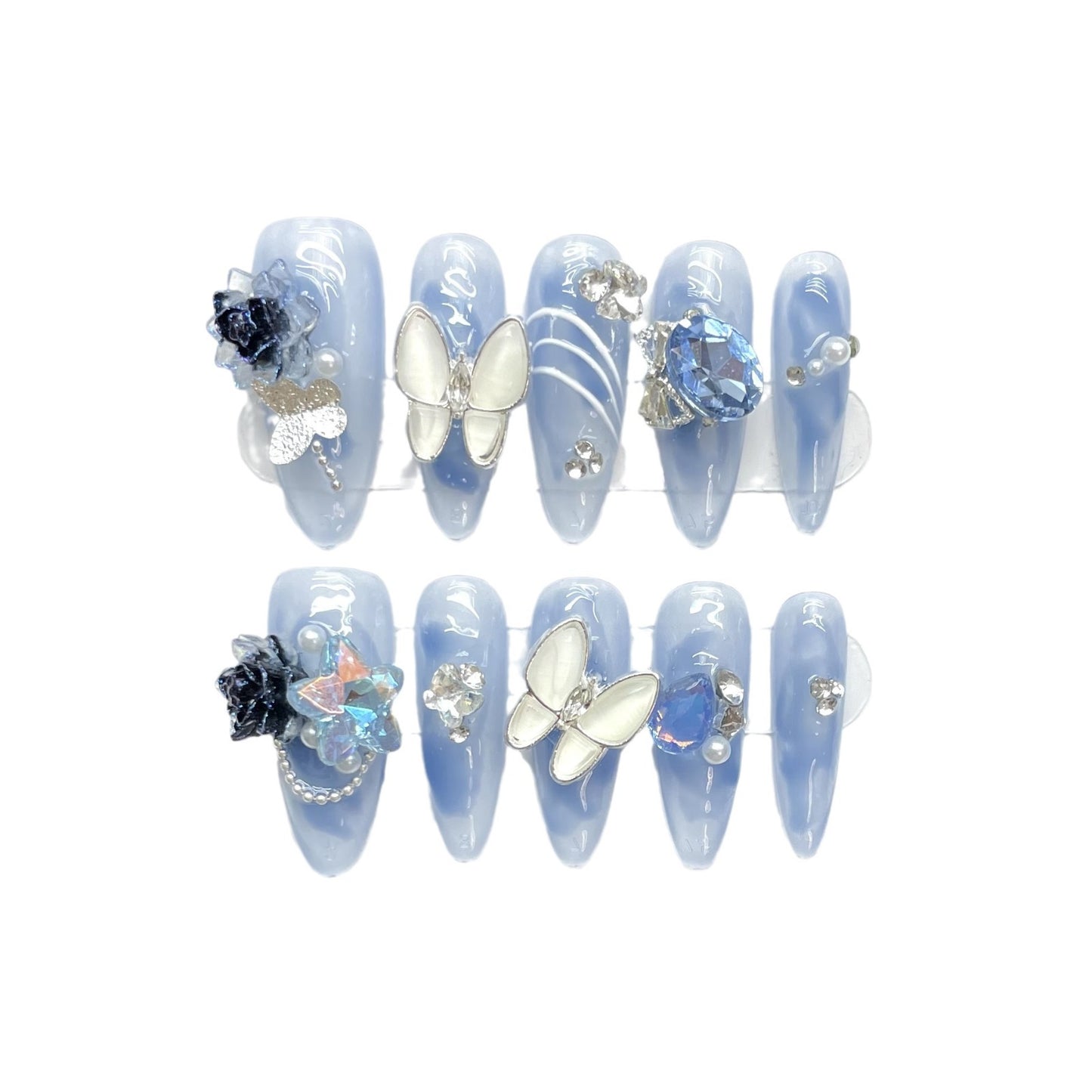 (reusable nail)Water Fairy Butterfly Water Diamond Temperament Clear and Cold, Advanced Handmade Wearing Nail, New Detachable Nail Artificial Nail