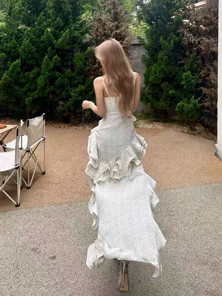 Fashion women's wear French Hot Girl Ruffled Spaghetti Straps Dress Women's Pure Desire Style Summer New Irregular High-Grade Temperament Long