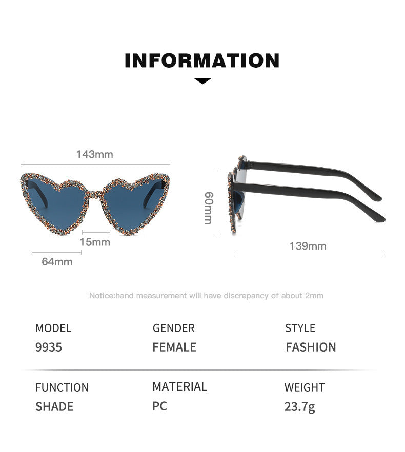 Women's fashion glasses 糖果色爱心镶钻太阳镜女士欧美潮流桃心无框海洋镜片派对墨镜